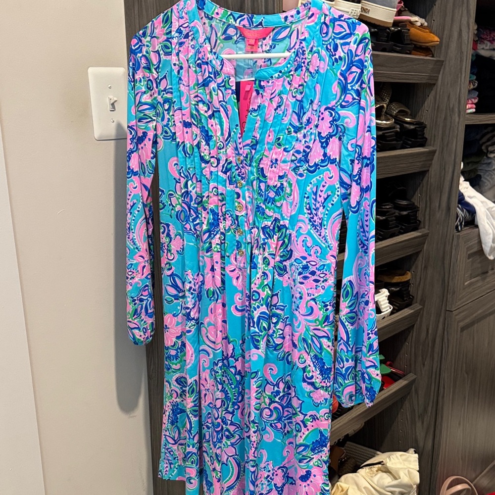 Lilly Pulitzer Vibrant Blue and Pink Dress with pleated neckline